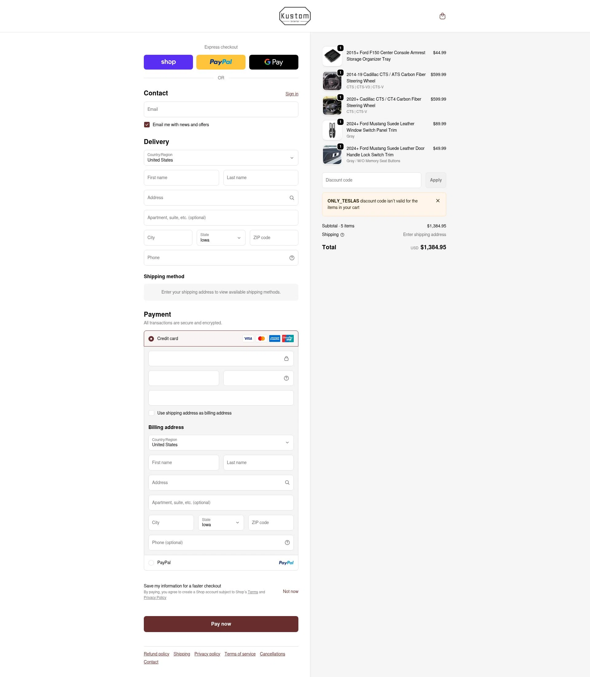 Kustom Interior checkout page showing Kustom Interior discount code box | Screenshot taken by SimplyCodes community member on Feb 19, 2026