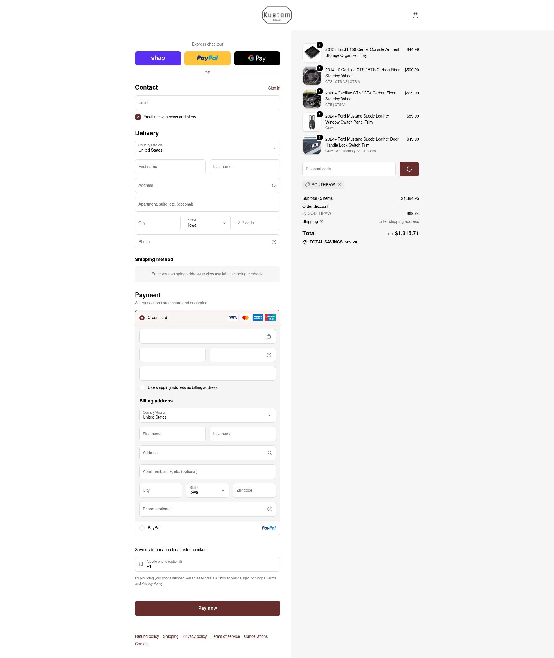 Kustom Interior checkout page showing Kustom Interior discount code box | Screenshot taken by SimplyCodes community member on Feb 19, 2026