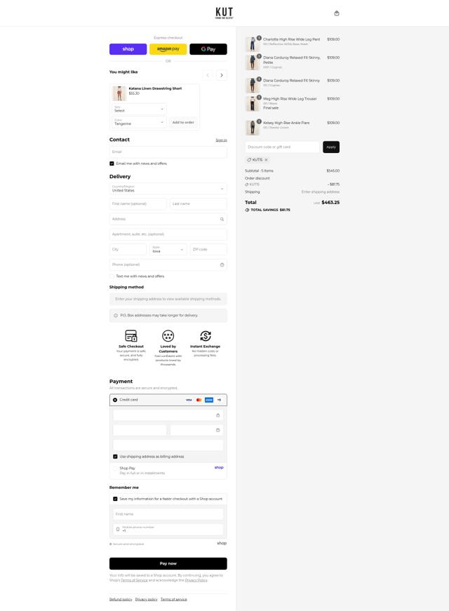 Kut from the Kloth checkout page showing Kut from the Kloth discount code box | Screenshot taken by SimplyCodes community member on Sep 15, 2025