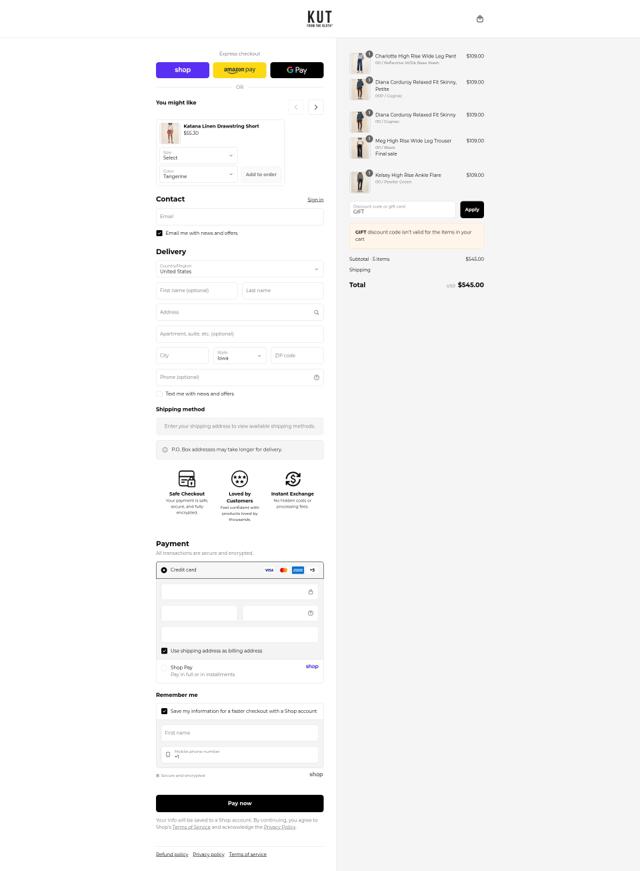 Kut from the Kloth checkout page showing Kut from the Kloth discount code box | Screenshot taken by SimplyCodes community member on Sep 15, 2025