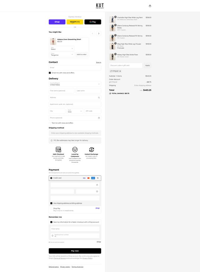 Kut from the Kloth checkout page showing Kut from the Kloth discount code box | Screenshot taken by SimplyCodes community member on Sep 15, 2025