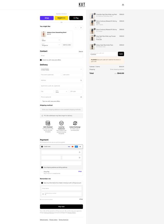 Kut from the Kloth checkout page showing Kut from the Kloth discount code box | Screenshot taken by SimplyCodes community member on Sep 15, 2025