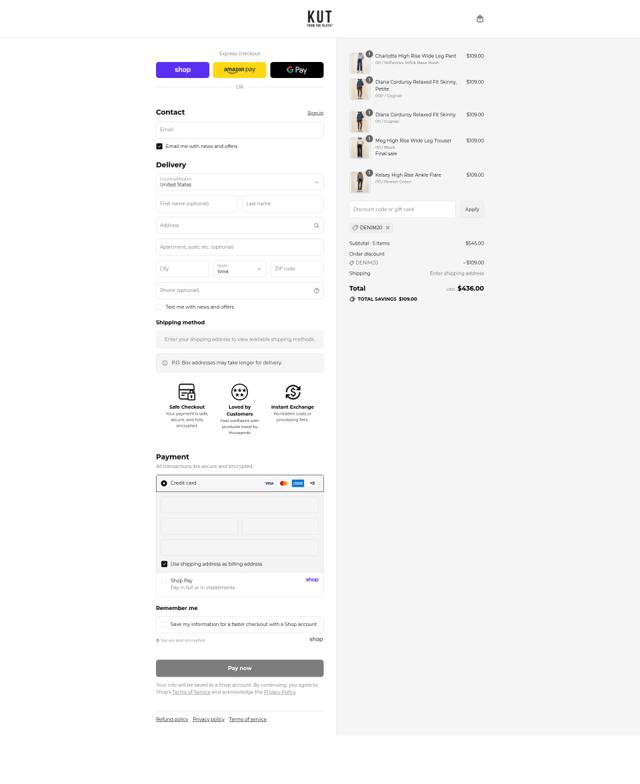 Kut from the Kloth checkout page showing Kut from the Kloth discount code box | Screenshot taken by SimplyCodes community member on Sep 15, 2025