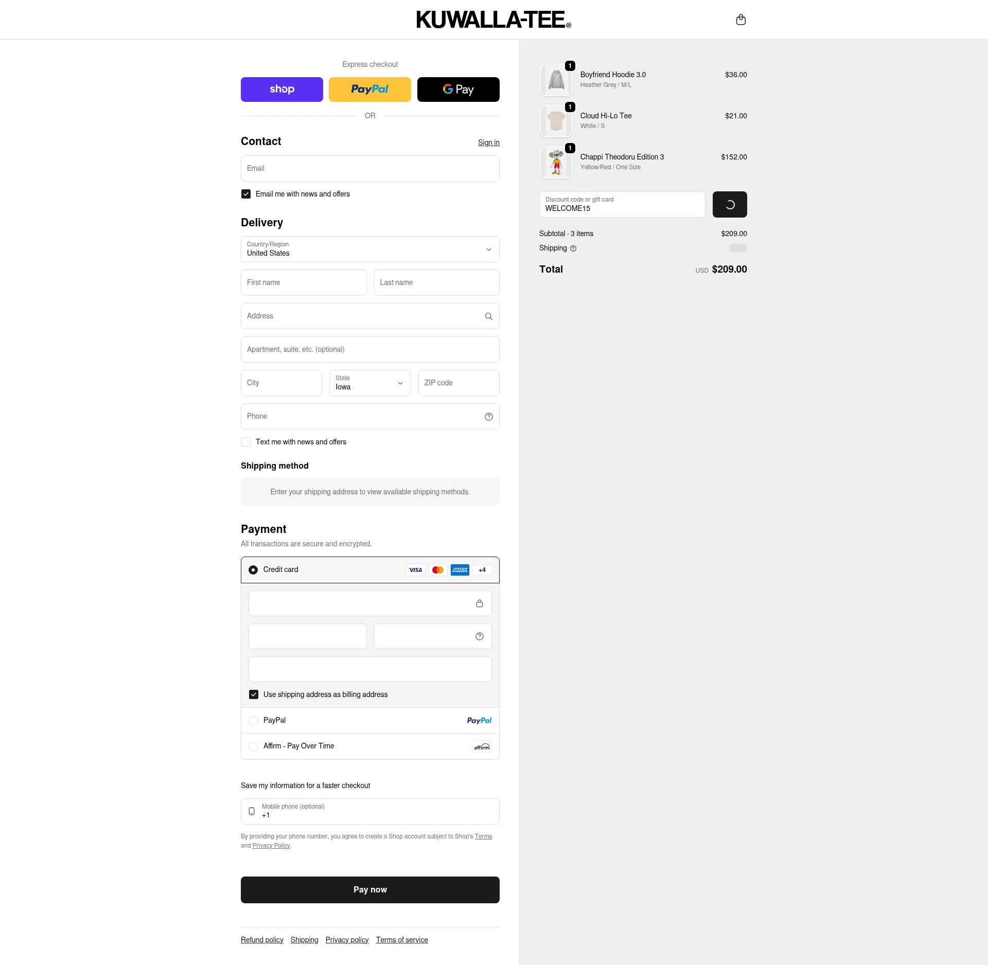 Kuwalla Tee checkout page showing Kuwalla Tee promo code box | Screenshot taken by SimplyCodes community member on Feb 17, 2026