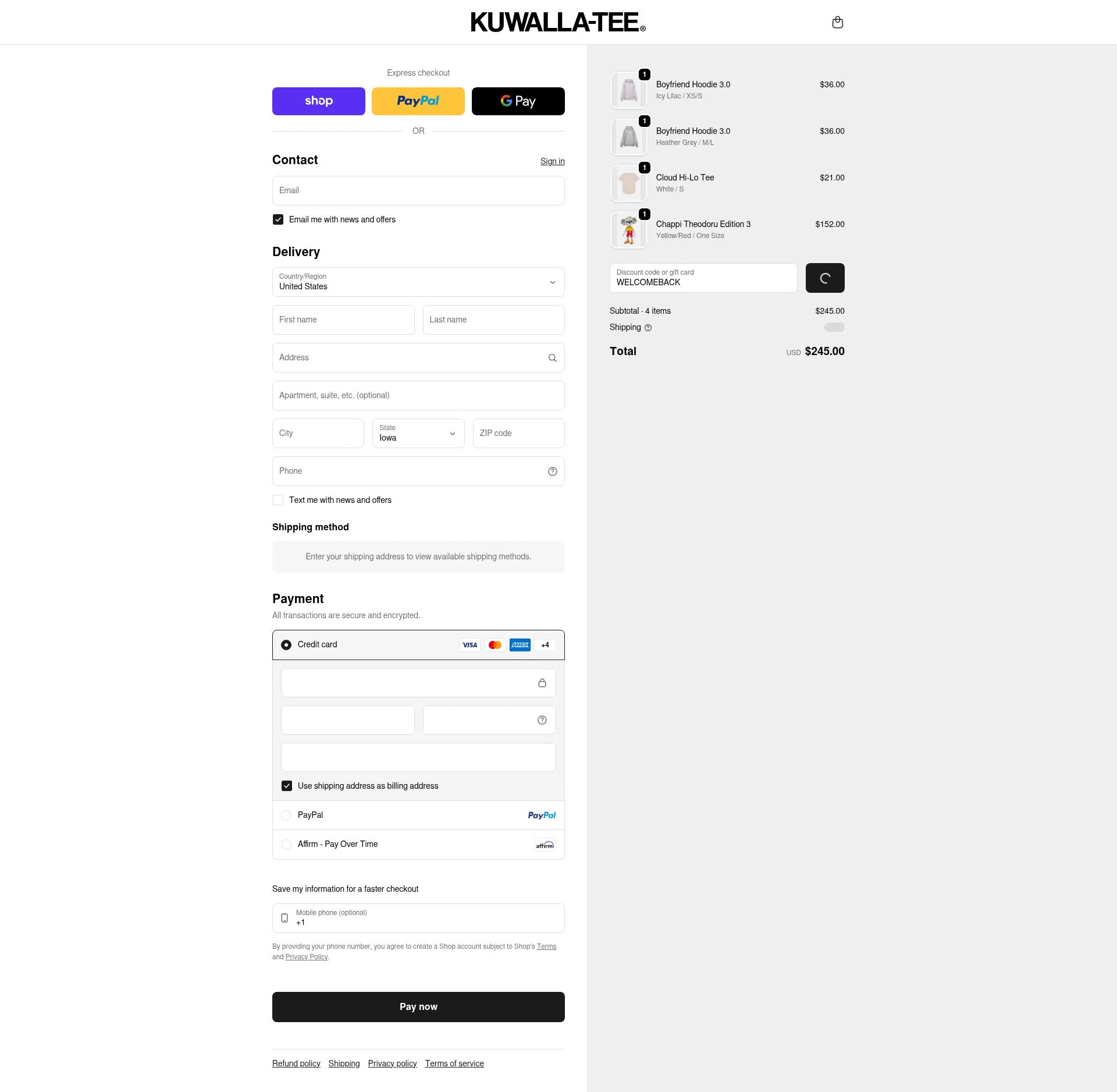 Kuwalla Tee checkout page showing Kuwalla Tee promo code box | Screenshot taken by SimplyCodes community member on Jan 31, 2026