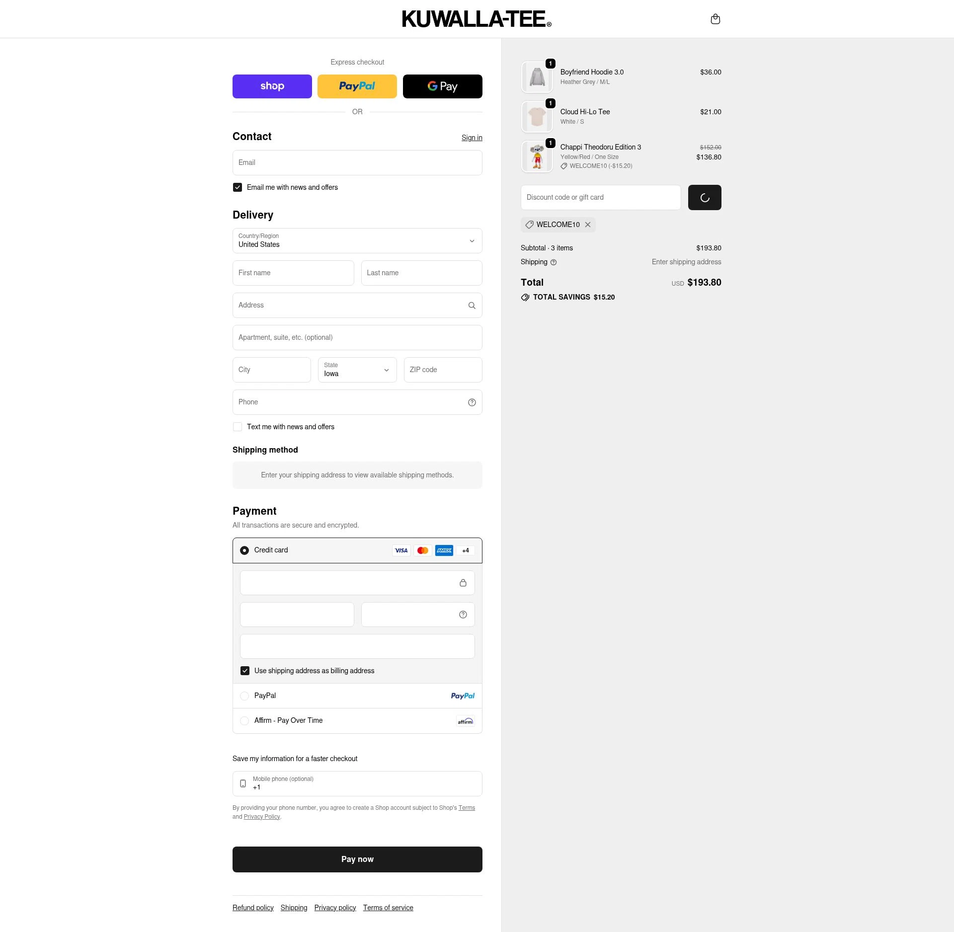 Kuwalla Tee checkout page showing Kuwalla Tee promo code box | Screenshot taken by SimplyCodes community member on Feb 9, 2026