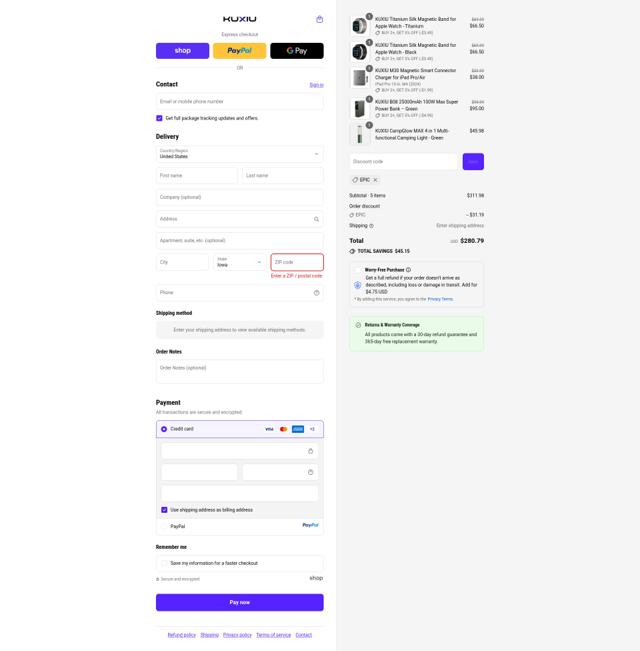 KUXIU checkout page showing KUXIU promo code box | Screenshot taken by SimplyCodes community member on Sep 13, 2025
