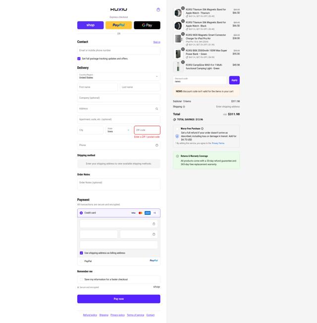 KUXIU checkout page showing KUXIU promo code box | Screenshot taken by SimplyCodes community member on Sep 13, 2025