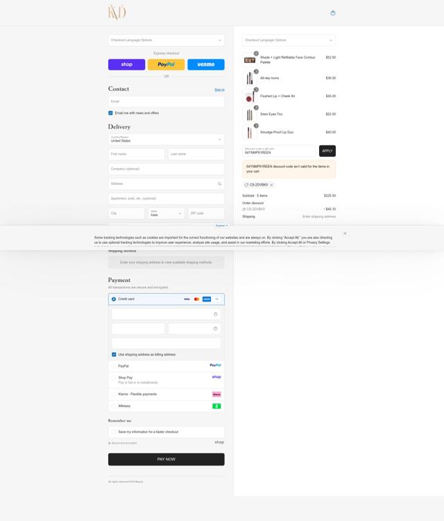 KVD Vegan Beauty checkout page showing KVD Vegan Beauty promo code box | Screenshot taken by SimplyCodes community member on Sep 10, 2025