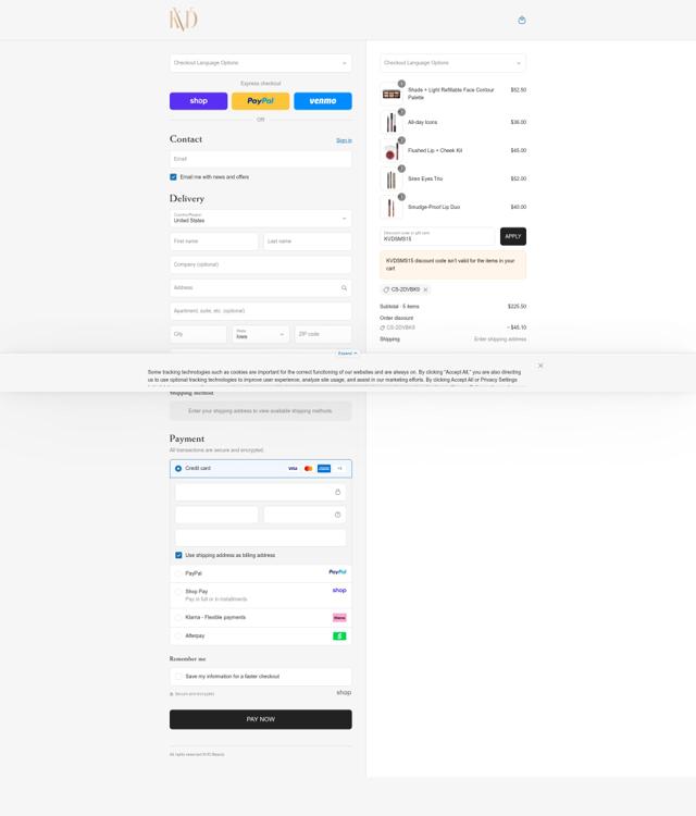 KVD Vegan Beauty checkout page showing KVD Vegan Beauty promo code box | Screenshot taken by SimplyCodes community member on Sep 10, 2025