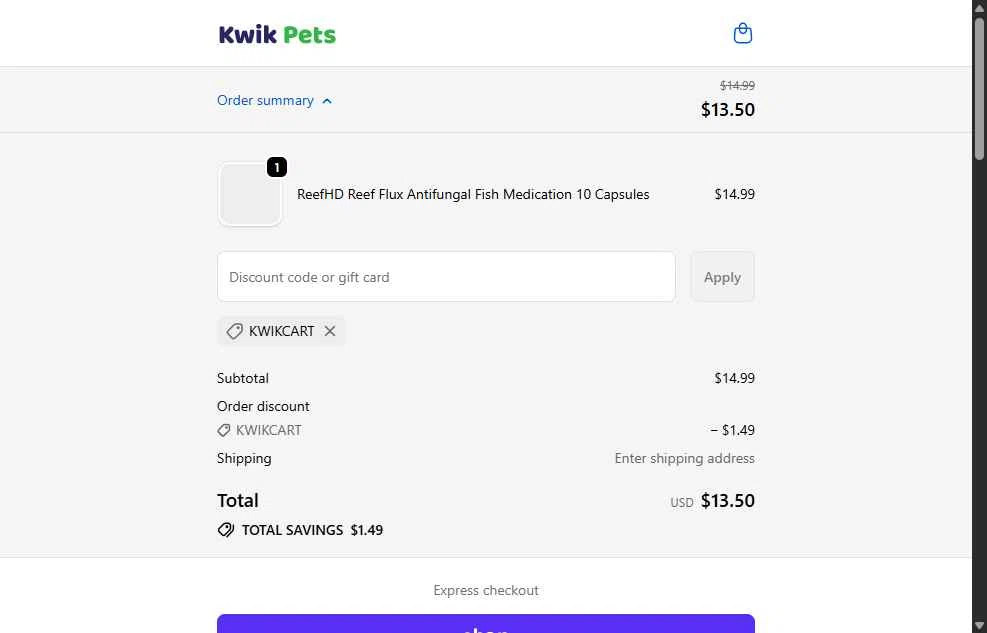 Kwik Pets checkout page showing Kwik Pets discount code box | Screenshot taken by SimplyCodes community member on Feb 3, 2026