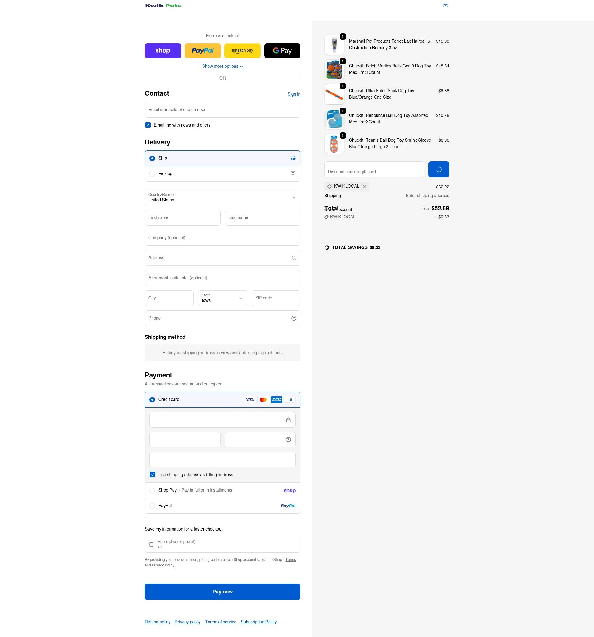 Kwik Pets checkout page showing Kwik Pets discount code box | Screenshot taken by SimplyCodes community member on Feb 3, 2026