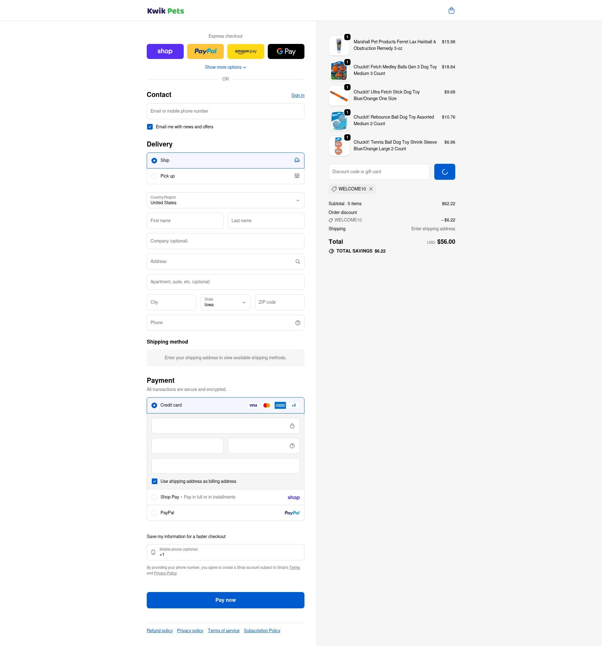 Kwik Pets checkout page showing Kwik Pets discount code box | Screenshot taken by SimplyCodes community member on Feb 3, 2026