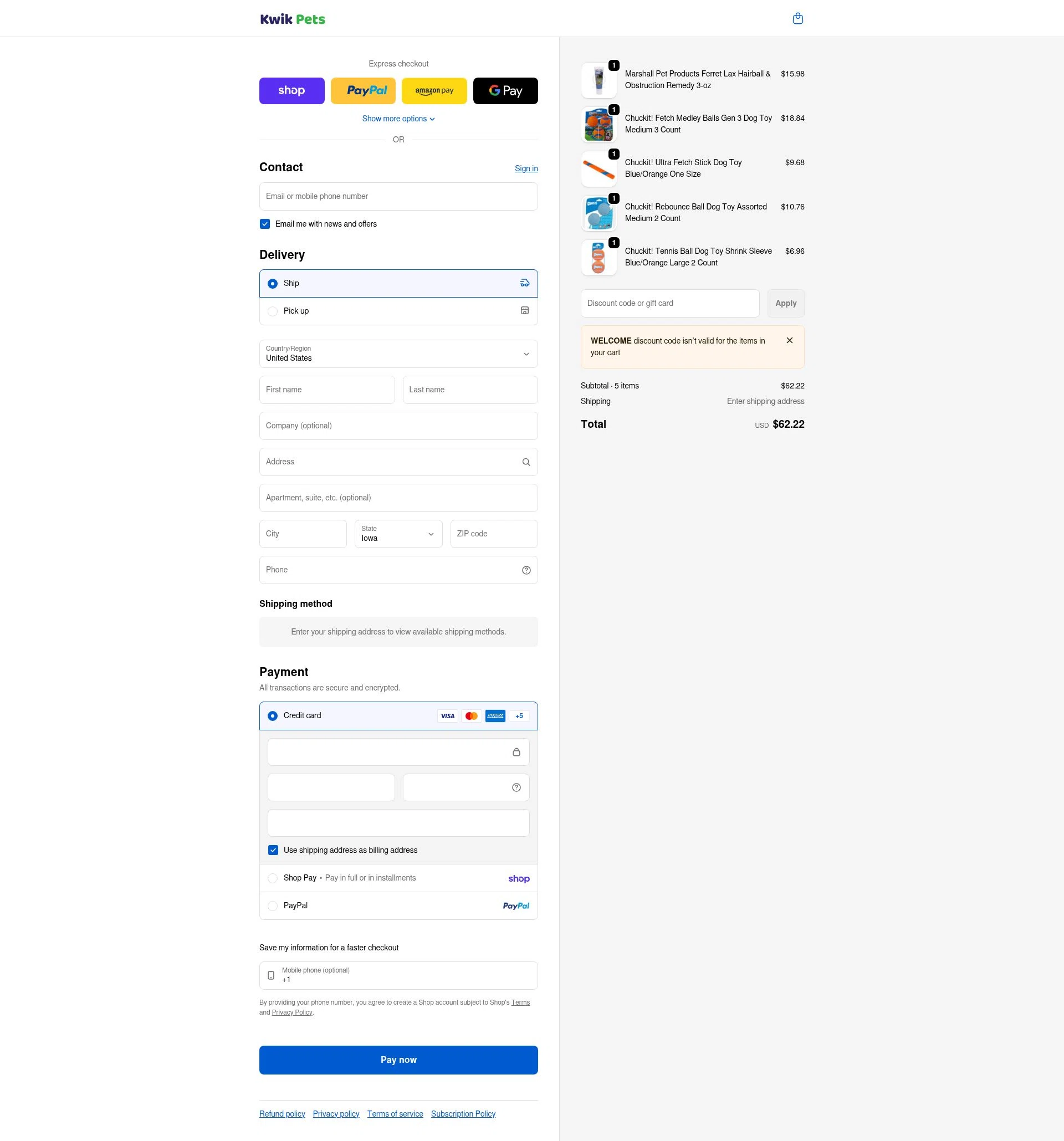 Kwik Pets checkout page showing Kwik Pets discount code box | Screenshot taken by SimplyCodes community member on Feb 3, 2026