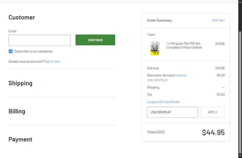 Klingspor's Woodworking Shop checkout page showing Klingspor's Woodworking Shop promo code box | Screenshot taken by SimplyCodes community member on May 10, 2025