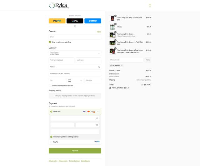 Kylea Health checkout page showing Kylea Health promo code box | Screenshot taken by SimplyCodes community member on Sep 12, 2025