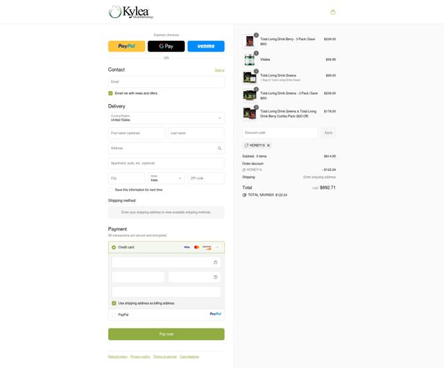 Kylea Health checkout page showing Kylea Health promo code box | Screenshot taken by SimplyCodes community member on Sep 12, 2025
