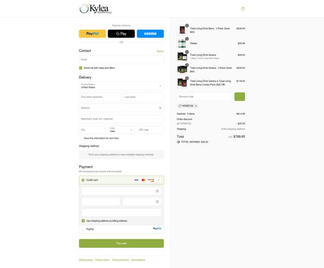 Kylea Health checkout page showing Kylea Health promo code box | Screenshot taken by SimplyCodes community member on Sep 12, 2025