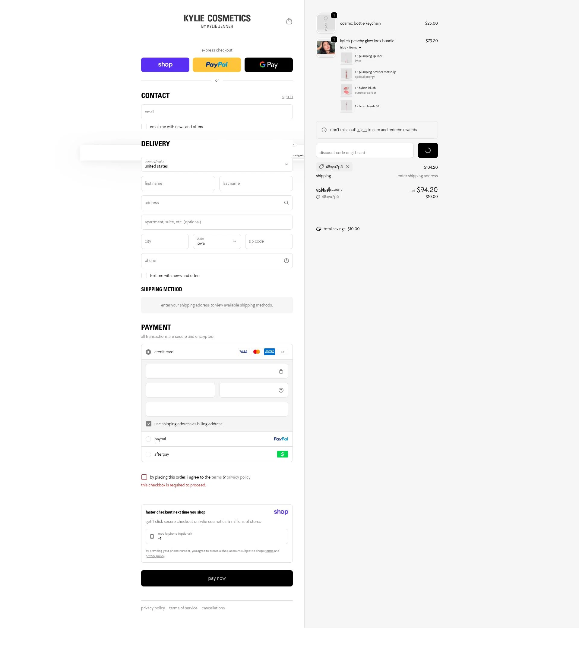 Kylie Skin checkout page showing Kylie Skin discount code box | Screenshot taken by SimplyCodes community member on Jan 13, 2026