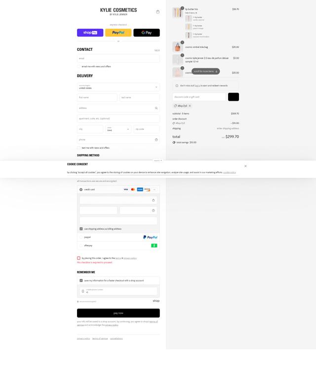 Kylie Skin checkout page showing Kylie Skin discount code box | Screenshot taken by SimplyCodes community member on Aug 9, 2025