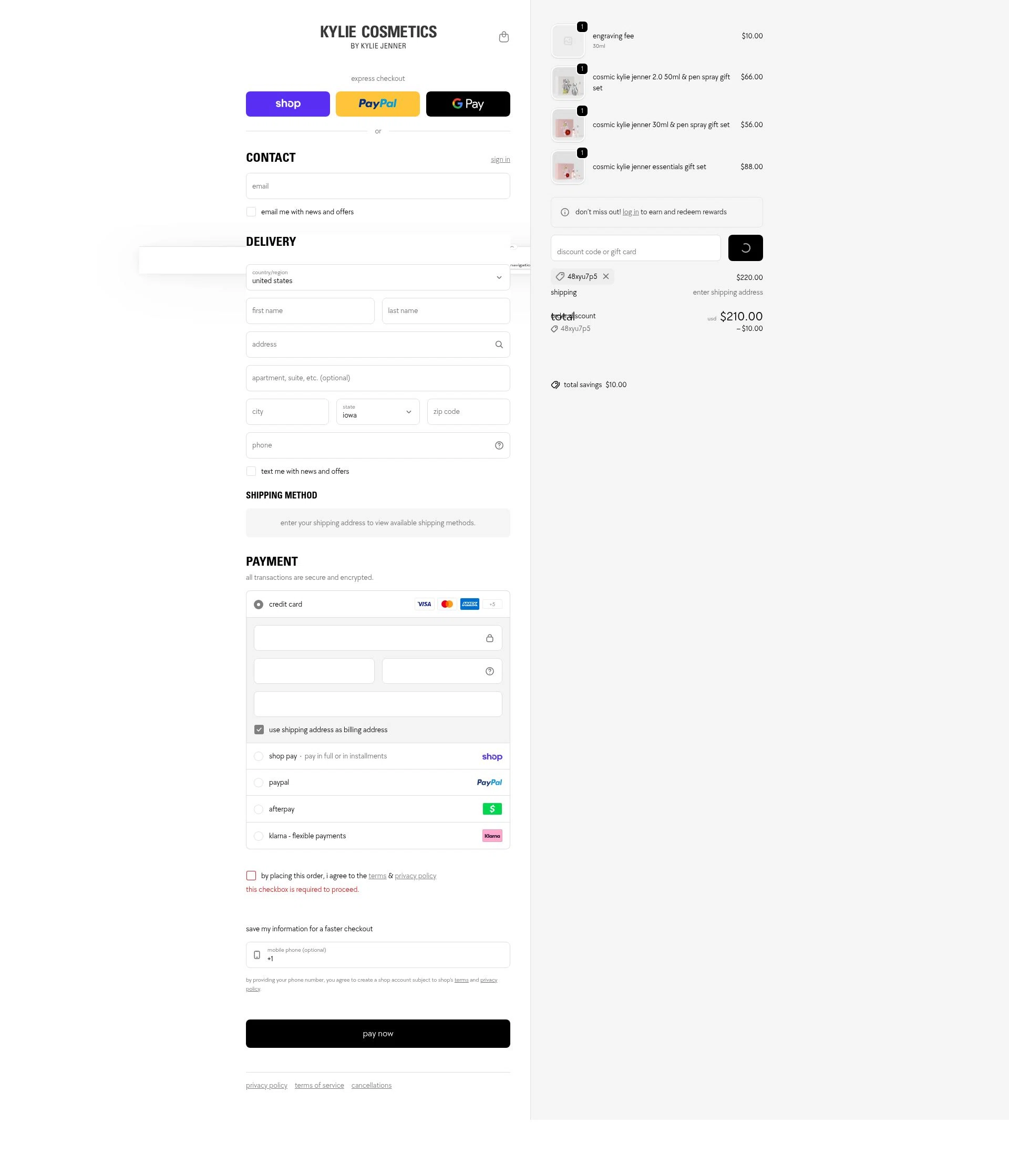 Kylie Skin checkout page showing Kylie Skin discount code box | Screenshot taken by SimplyCodes community member on Feb 1, 2026