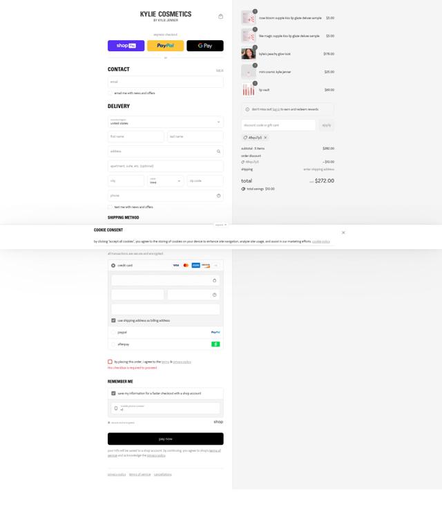 Kylie Skin checkout page showing Kylie Skin discount code box | Screenshot taken by SimplyCodes community member on Aug 23, 2025