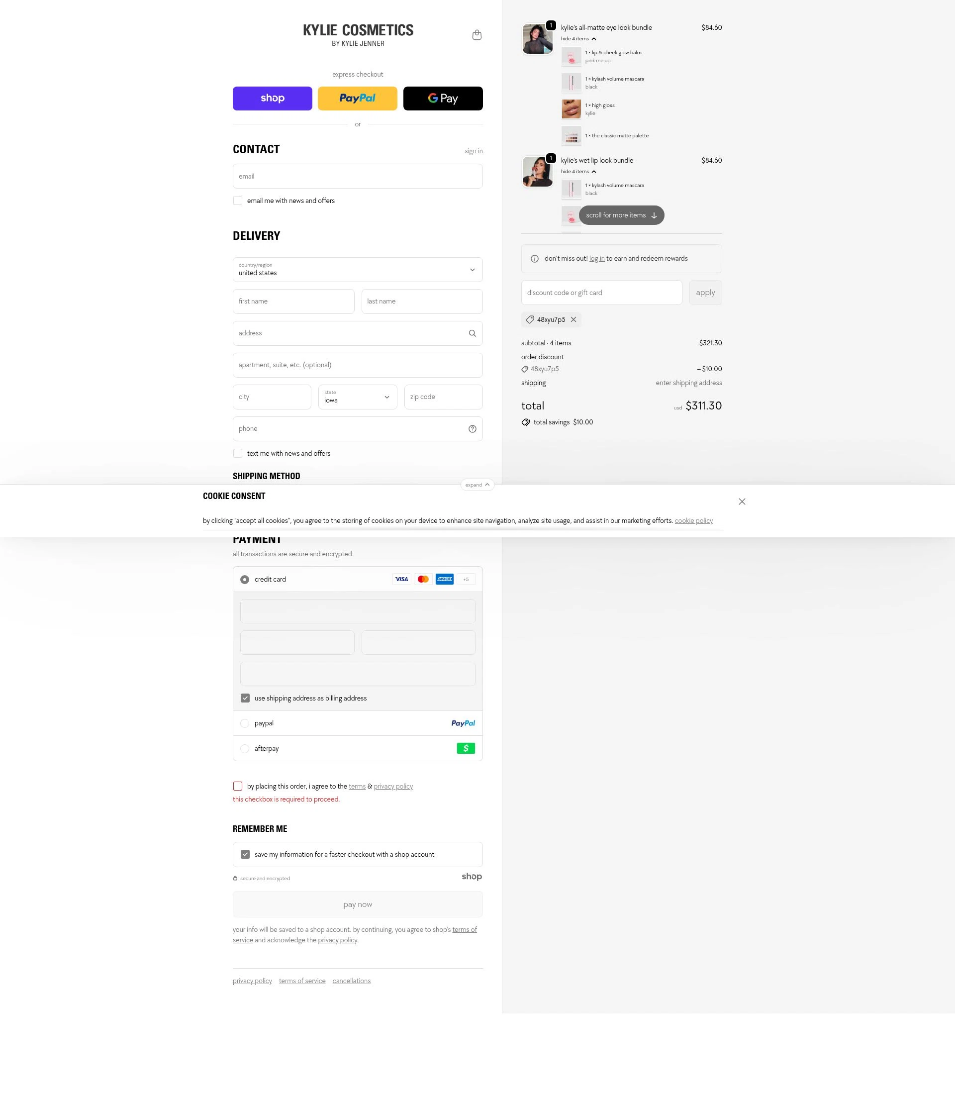 Kylie Skin checkout page showing Kylie Skin discount code box | Screenshot taken by SimplyCodes community member on Dec 11, 2025
