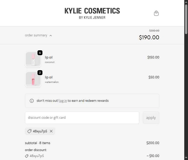 Kylie Skin checkout page showing Kylie Skin discount code box | Screenshot taken by SimplyCodes community member on Nov 25, 2025