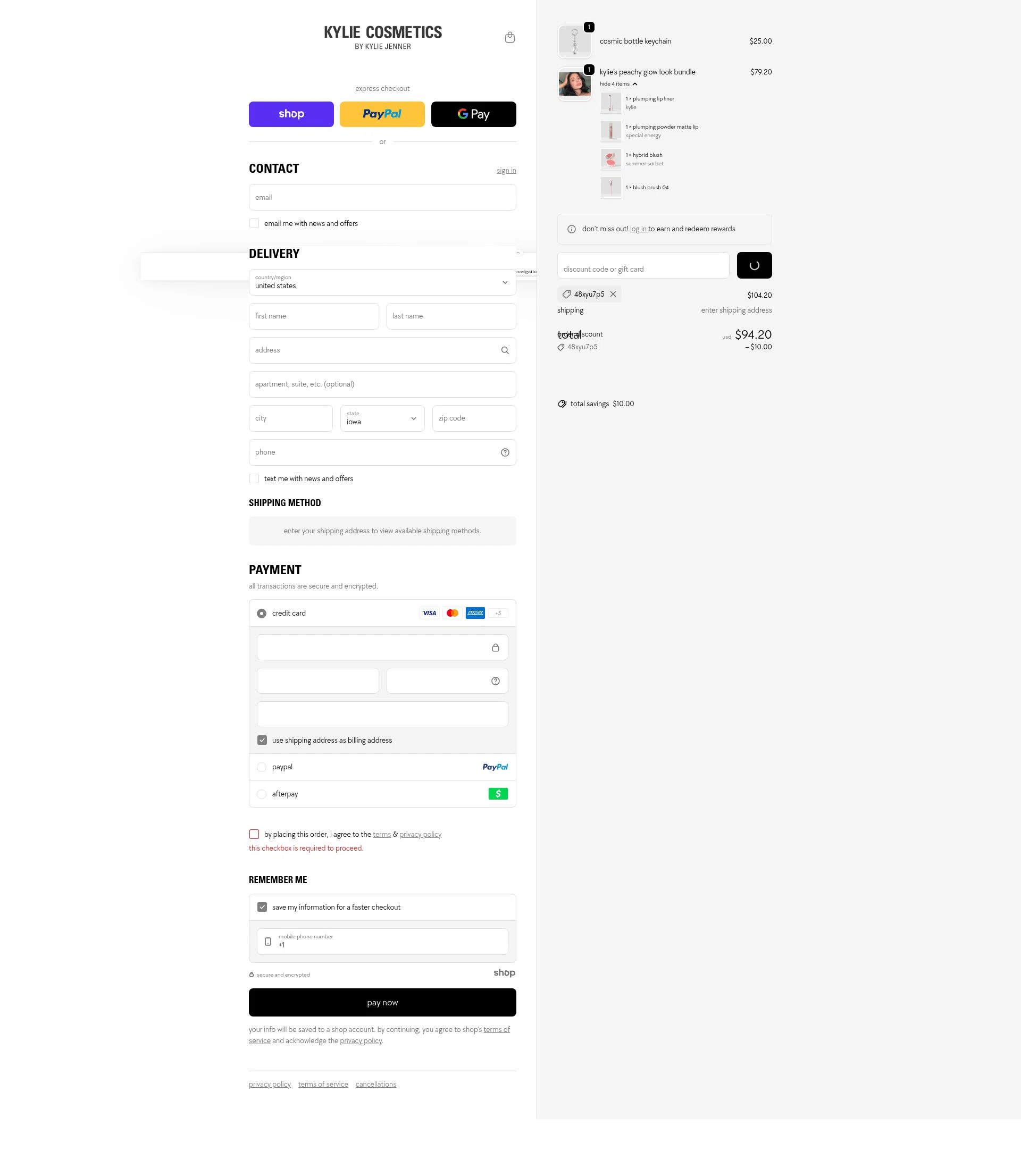 Kylie Skin checkout page showing Kylie Skin discount code box | Screenshot taken by SimplyCodes community member on Jan 8, 2026