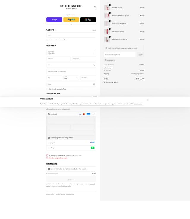 Kylie Skin checkout page showing Kylie Skin discount code box | Screenshot taken by SimplyCodes community member on Sep 25, 2025