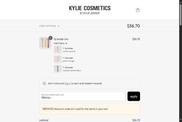 Kylie Skin checkout page showing Kylie Skin discount code box | Screenshot taken by SimplyCodes community member on Aug 10, 2025