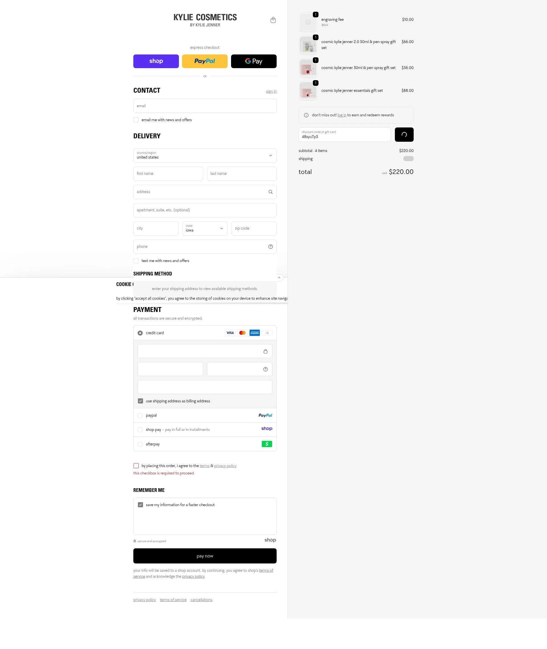 Kylie Skin checkout page showing Kylie Skin discount code box | Screenshot taken by SimplyCodes community member on Jan 18, 2026