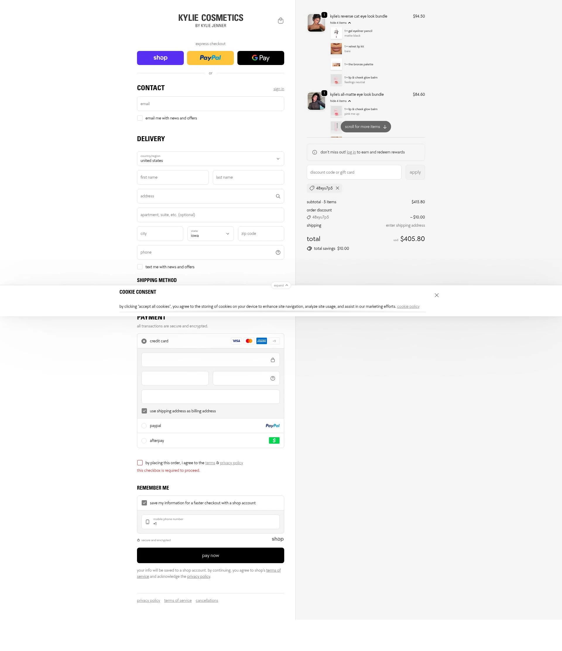 Kylie Skin checkout page showing Kylie Skin discount code box | Screenshot taken by SimplyCodes community member on Nov 20, 2025