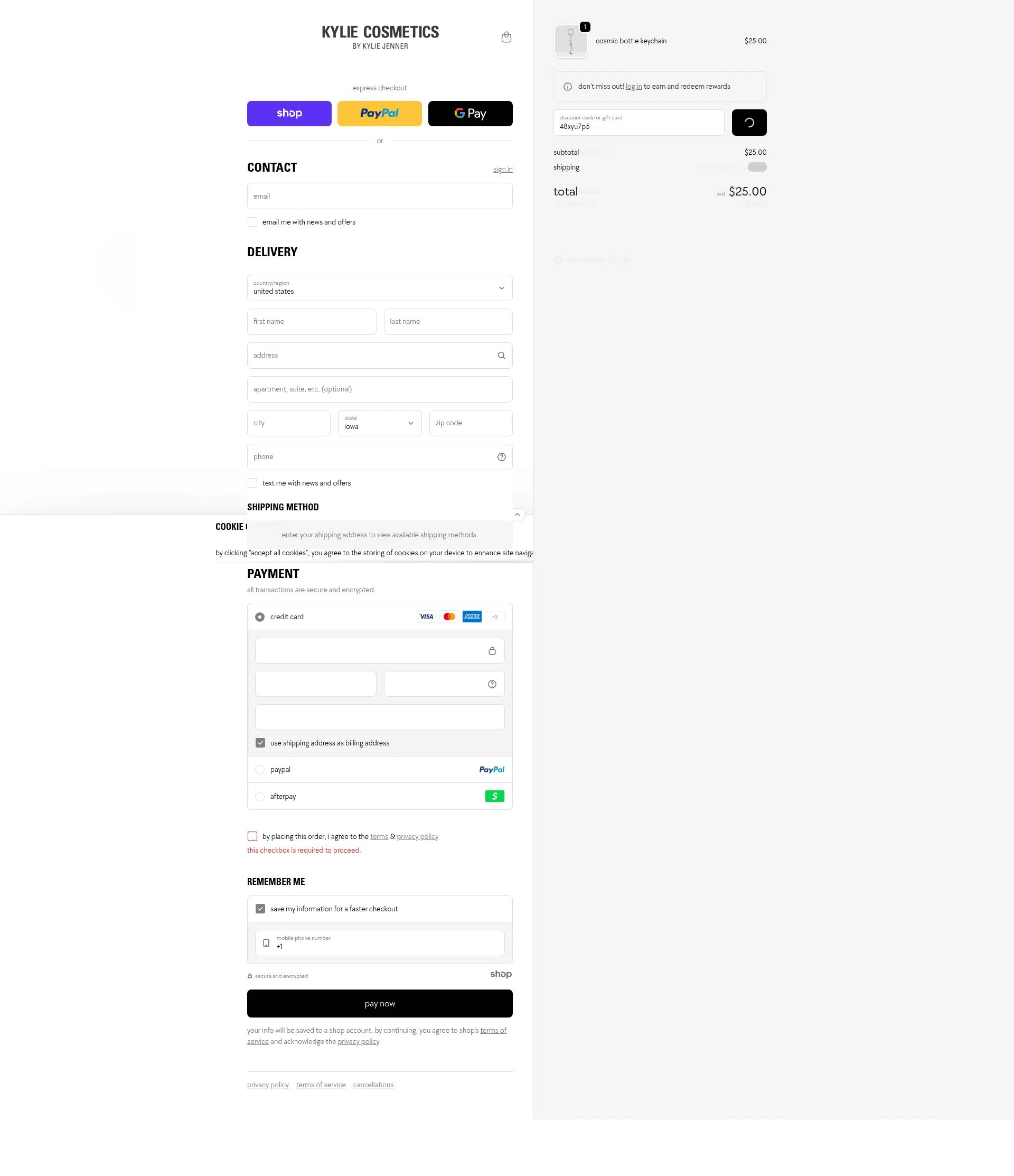 Kylie Skin checkout page showing Kylie Skin discount code box | Screenshot taken by SimplyCodes community member on Dec 24, 2025