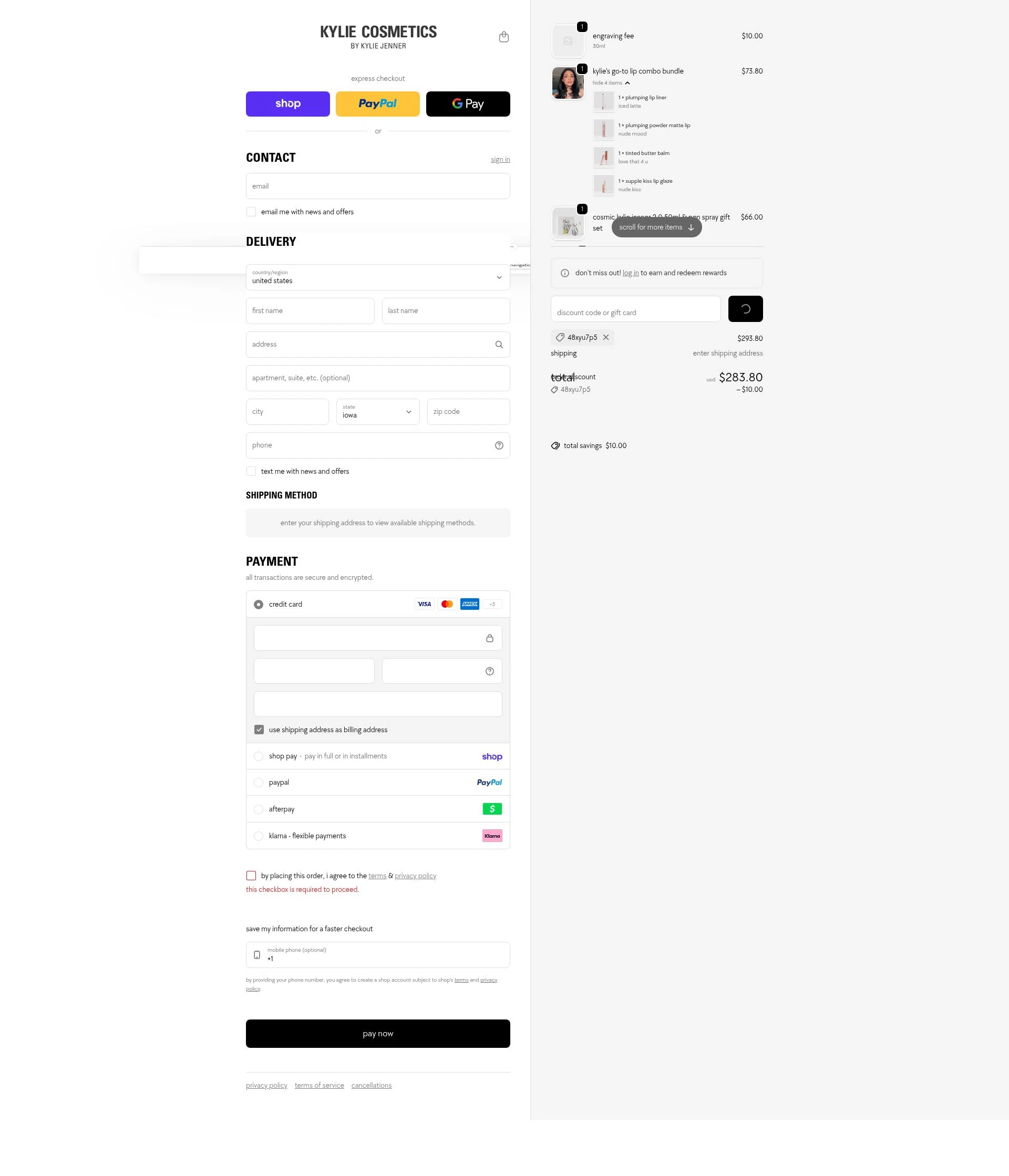 Kylie Skin checkout page showing Kylie Skin discount code box | Screenshot taken by SimplyCodes community member on Feb 5, 2026