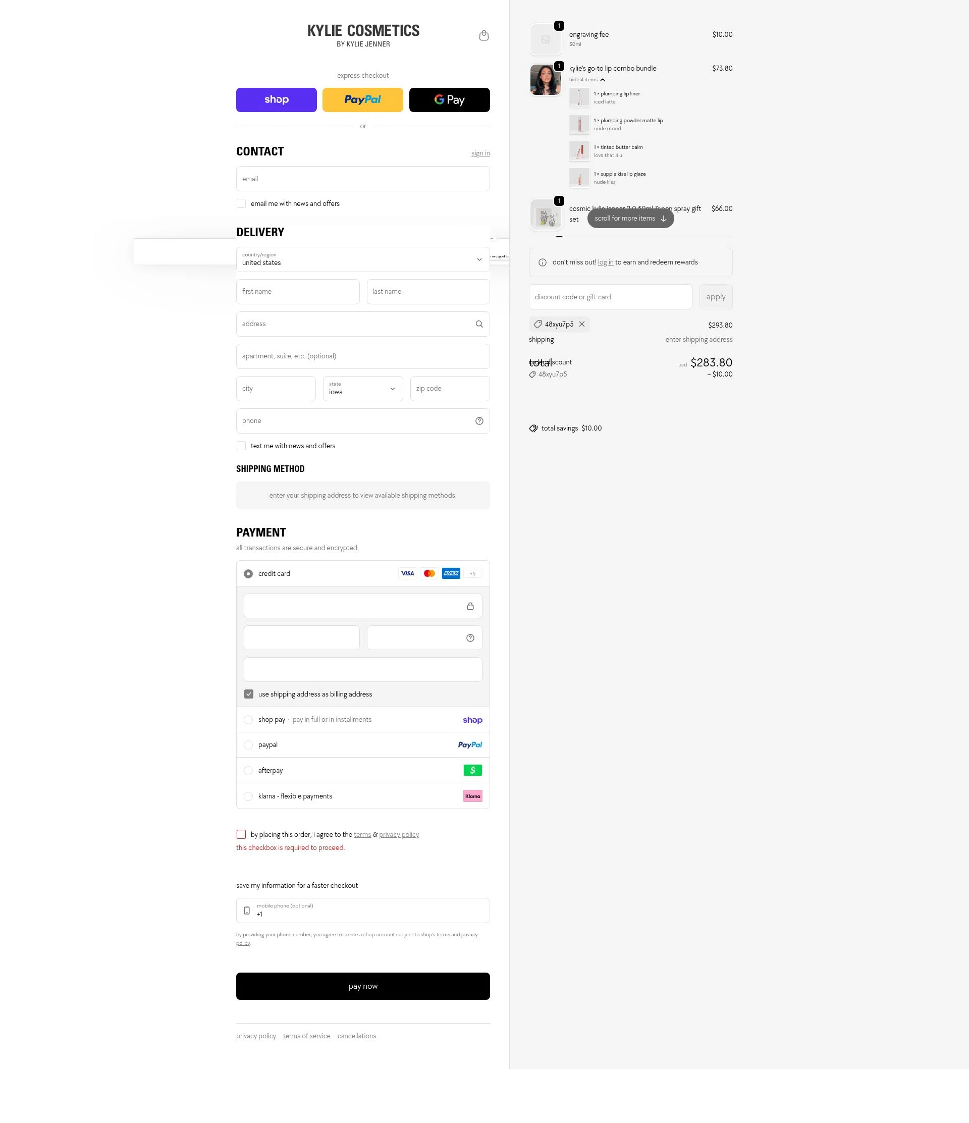 Kylie Skin checkout page showing Kylie Skin discount code box | Screenshot taken by SimplyCodes community member on Feb 14, 2026