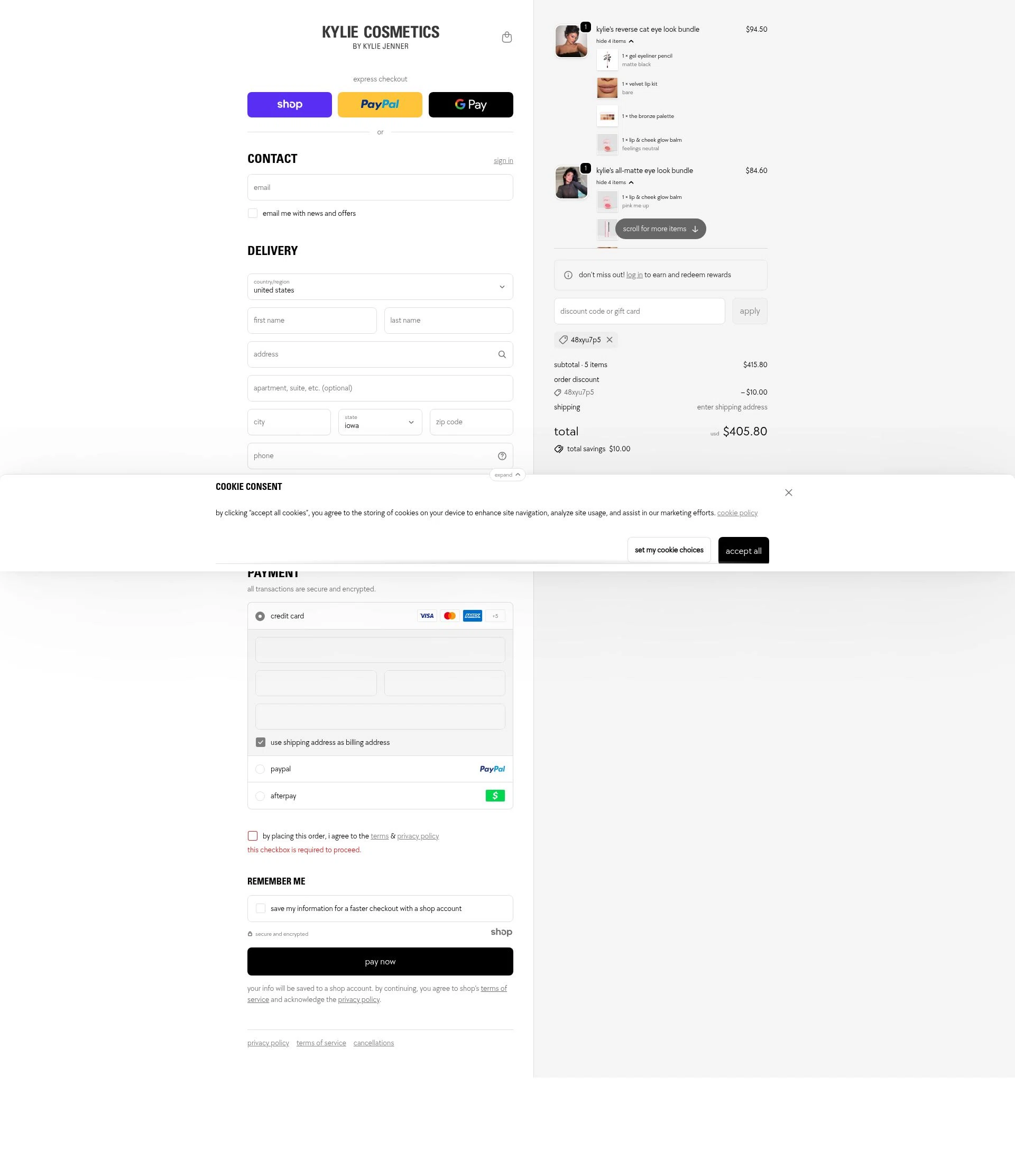 Kylie Skin checkout page showing Kylie Skin discount code box | Screenshot taken by SimplyCodes community member on Nov 15, 2025