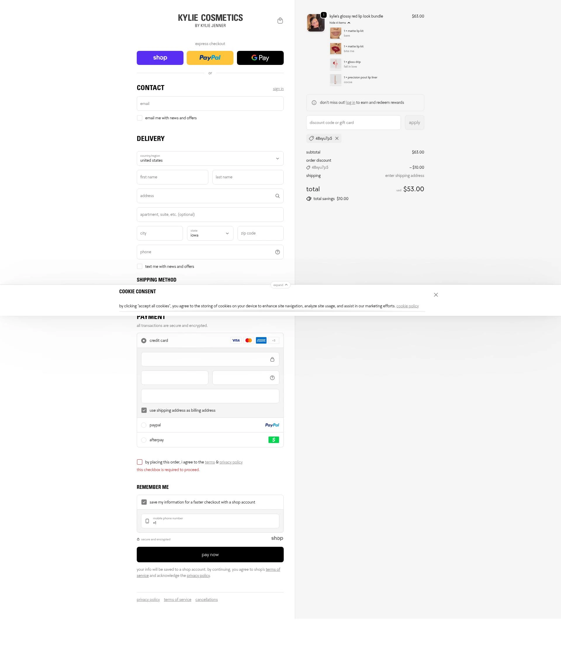 Kylie Skin checkout page showing Kylie Skin discount code box | Screenshot taken by SimplyCodes community member on Dec 5, 2025