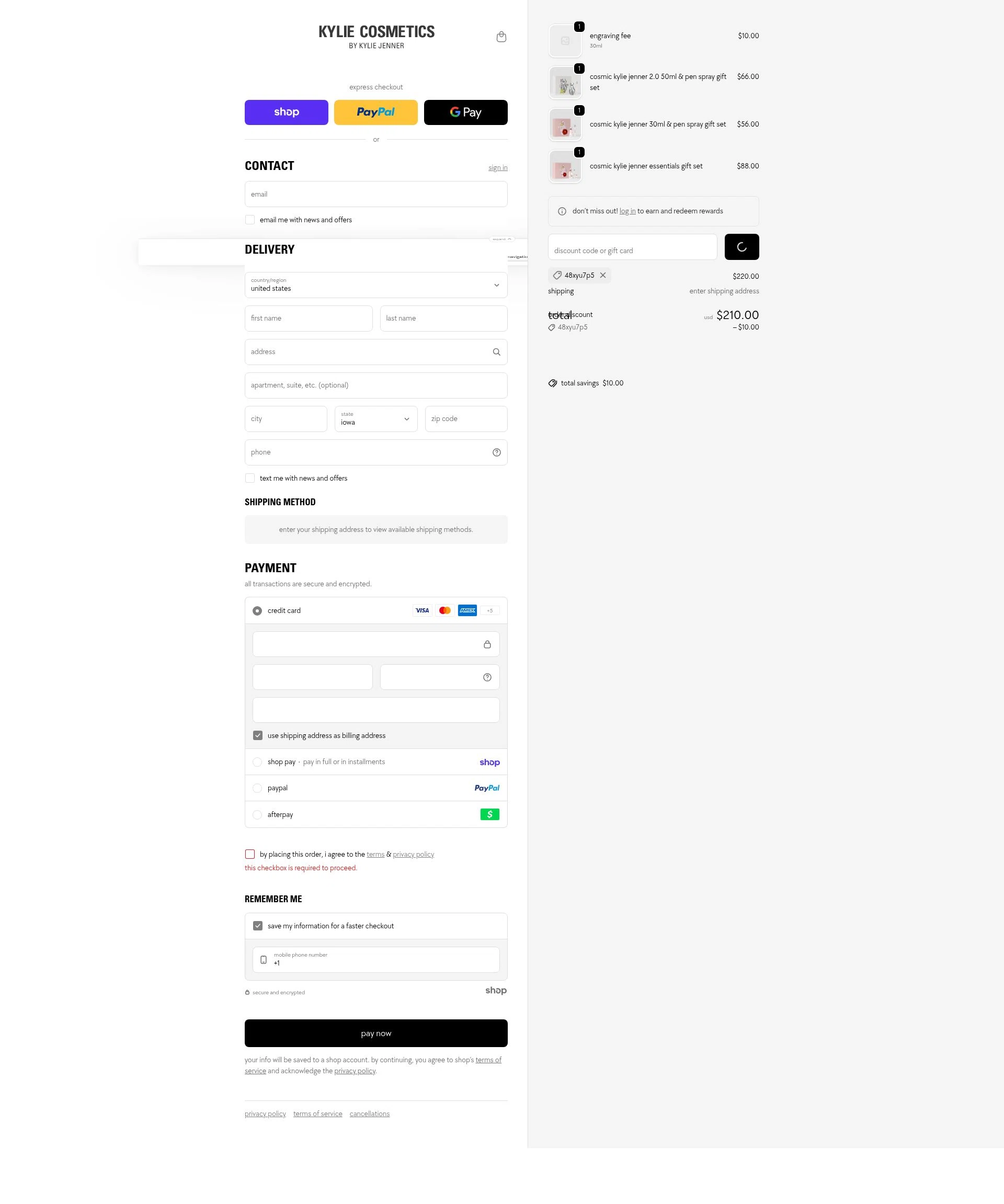Kylie Skin checkout page showing Kylie Skin discount code box | Screenshot taken by SimplyCodes community member on Jan 27, 2026