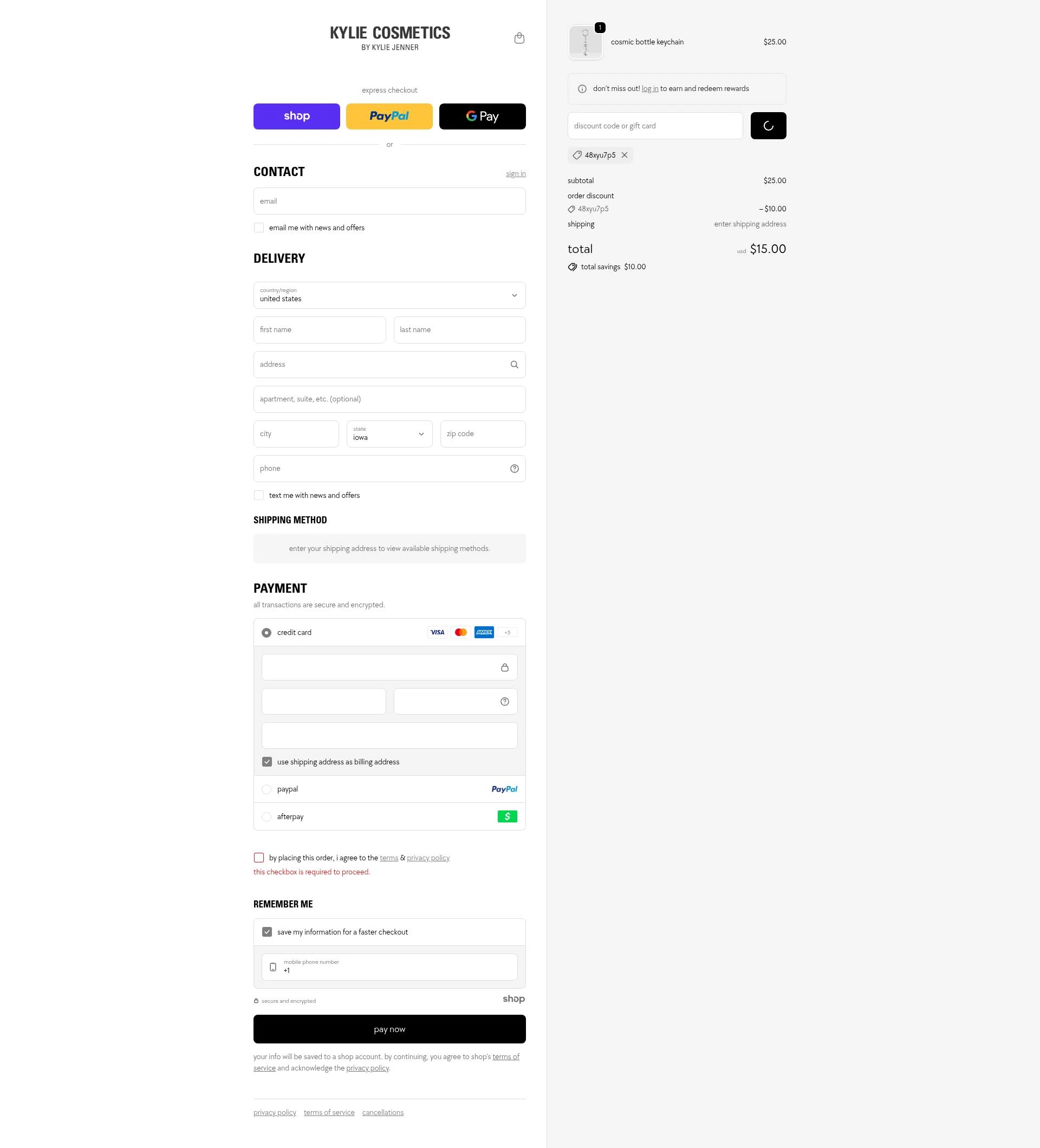 Kylie Skin checkout page showing Kylie Skin discount code box | Screenshot taken by SimplyCodes community member on Jan 2, 2026