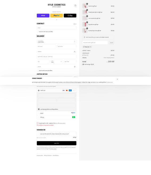 Kylie Skin checkout page showing Kylie Skin discount code box | Screenshot taken by SimplyCodes community member on Sep 17, 2025