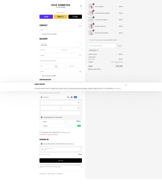 Kylie Skin checkout page showing Kylie Skin discount code box | Screenshot taken by SimplyCodes community member on Sep 12, 2025