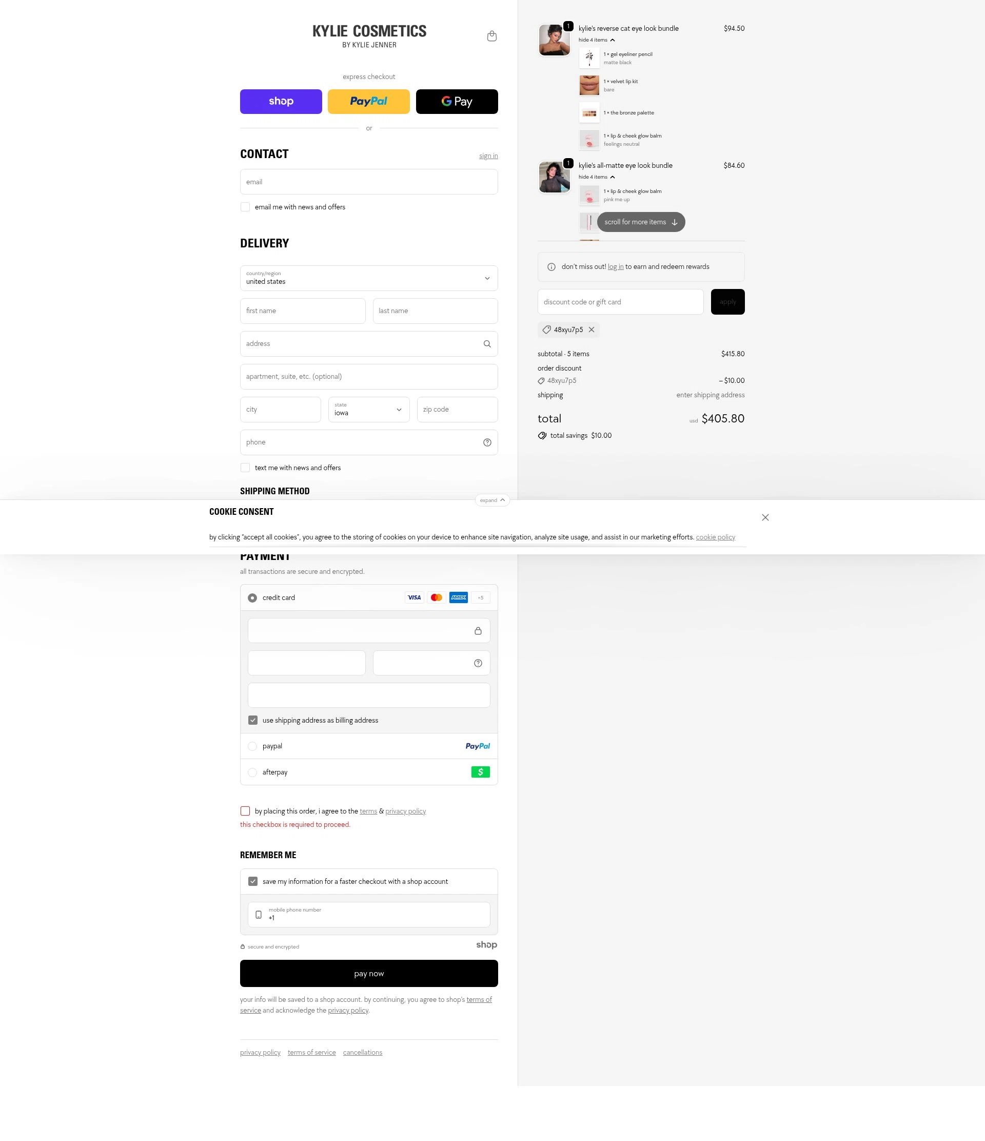 Kylie Skin checkout page showing Kylie Skin discount code box | Screenshot taken by SimplyCodes community member on Nov 25, 2025