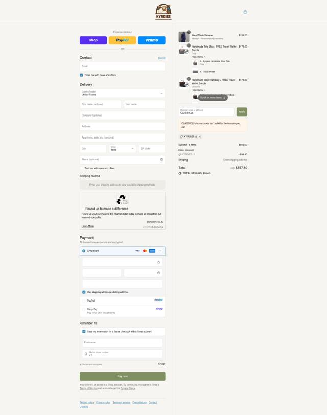 Kyrgies checkout page showing Kyrgies discount code box | Screenshot taken by SimplyCodes community member on Sep 10, 2025