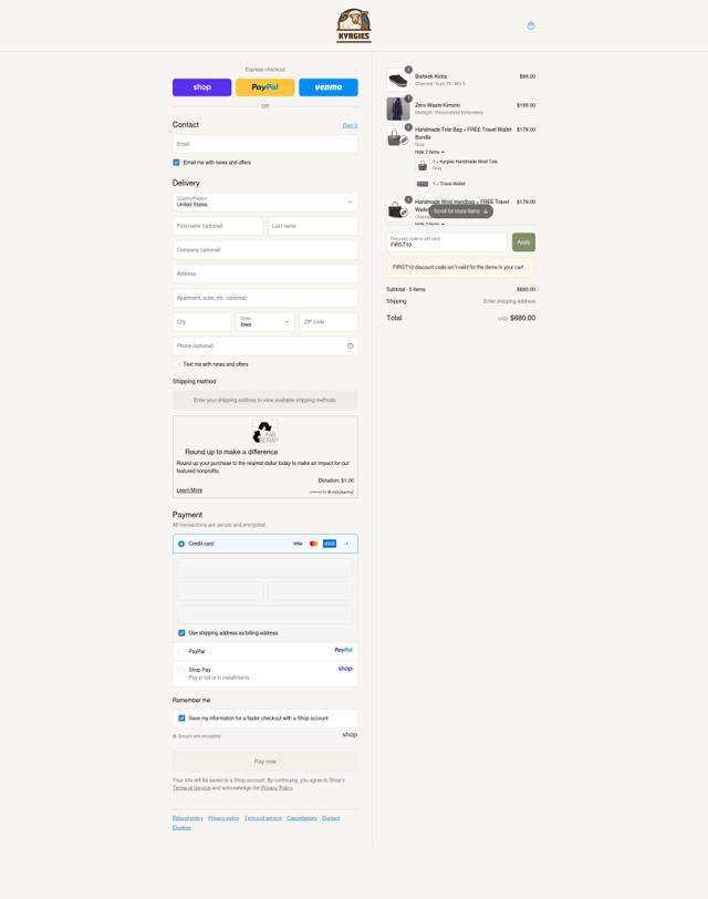Kyrgies checkout page showing Kyrgies discount code box | Screenshot taken by SimplyCodes community member on Sep 14, 2025