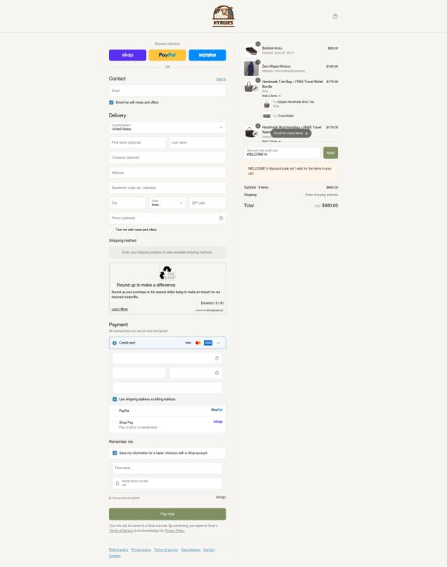 Kyrgies checkout page showing Kyrgies discount code box | Screenshot taken by SimplyCodes community member on Sep 14, 2025
