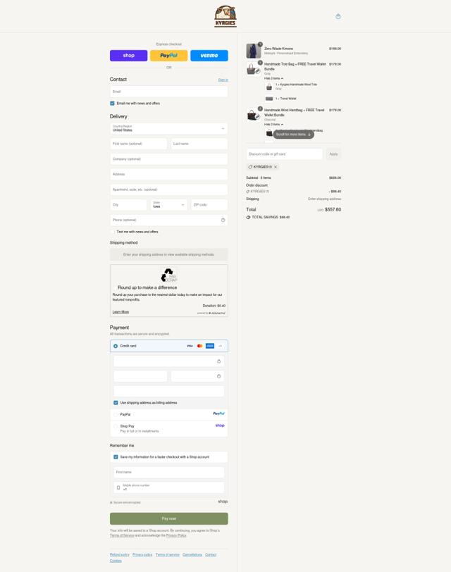 Kyrgies checkout page showing Kyrgies discount code box | Screenshot taken by SimplyCodes community member on Sep 10, 2025
