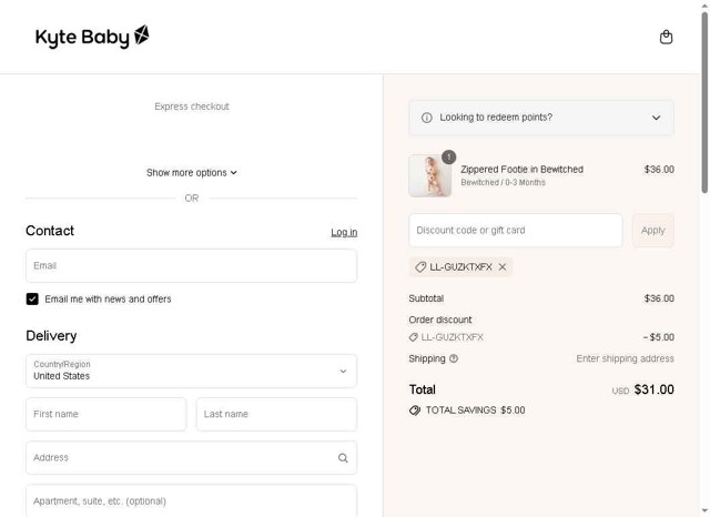 Kyte BABY checkout page showing Kyte BABY discount code box | Screenshot taken by SimplyCodes community member on Aug 26, 2025