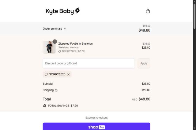 Kyte BABY checkout page showing Kyte BABY discount code box | Screenshot taken by SimplyCodes community member on Aug 26, 2025