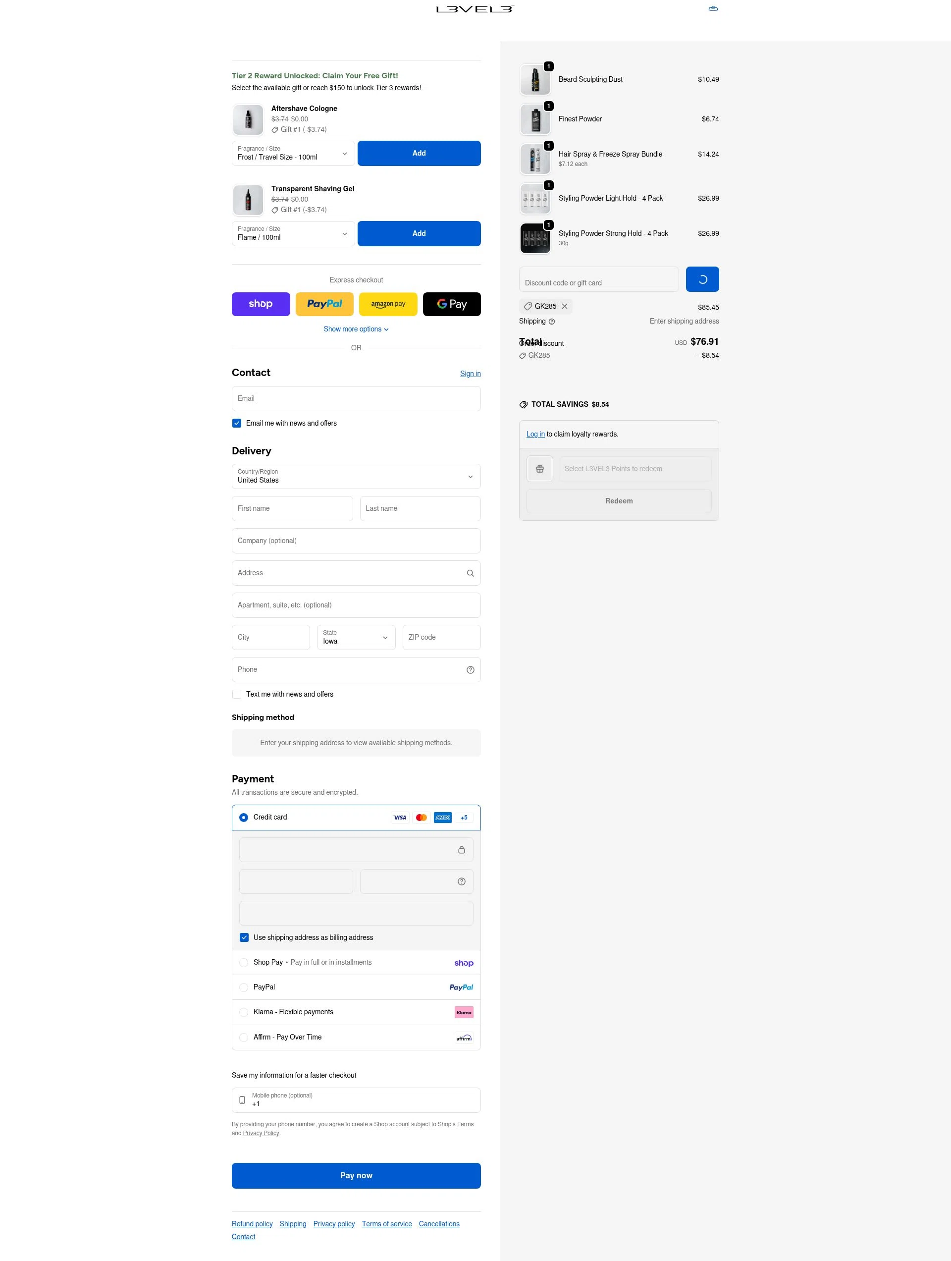 L3VEL3 checkout page showing L3VEL3 discount code box | Screenshot taken by SimplyCodes community member on Feb 17, 2026